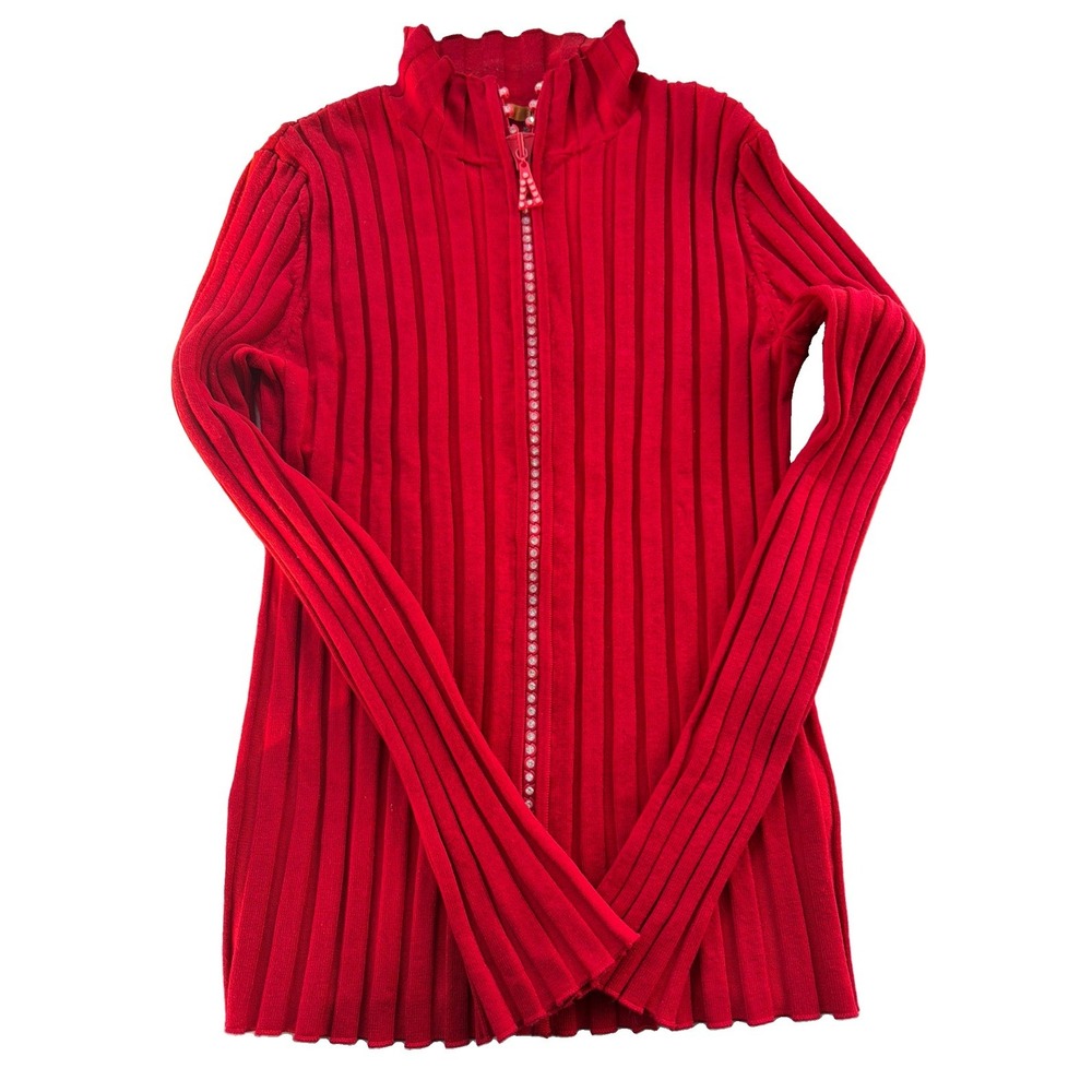 Belldini Red Ribbed Cardigan Sweater M Rhinestone Zip Y2K Glam Made USA